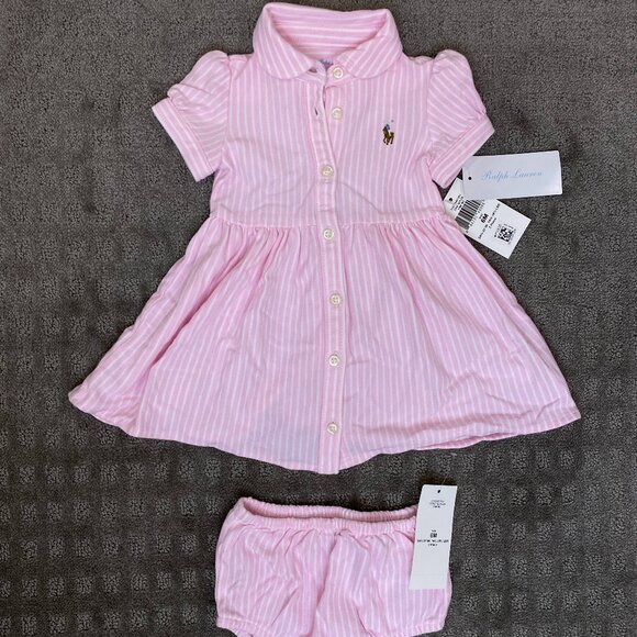 NWT: Ralph Lauren Pink Striped Knit Oxford Shirtdress & Bloomer - 6M - Picture 1 of 2